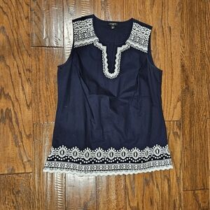 NWOT Talbots Sleeveless V-Neck Embroidered Top, Navy/White - Sz. Small P…